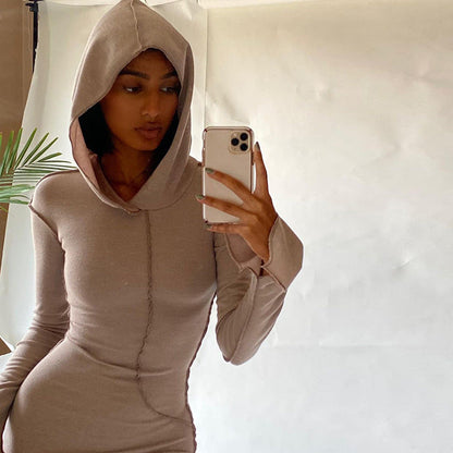 Hooded Long Sleeve Bodycon Dress Casual Solid Color