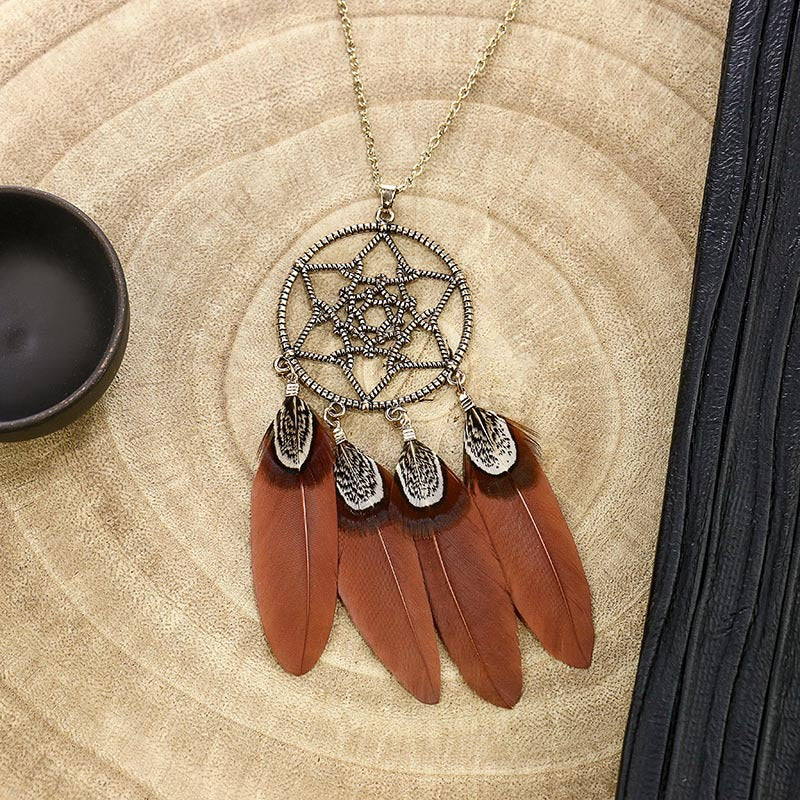 Vintage Feather Tassel Necklace Circle Dream Catcher Long Sweater Chain