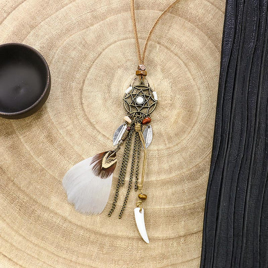 Vintage Feather Tassel Necklace Circle Dream Catcher Long Sweater Chain