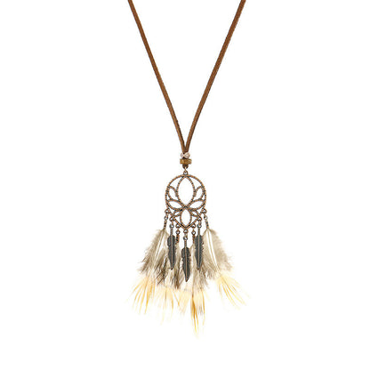 Vintage Feather Tassel Necklace Circle Dream Catcher Long Sweater Chain