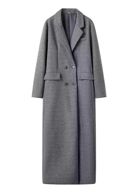 Long Wool Coat Buttoned Gray Tailored Fit
