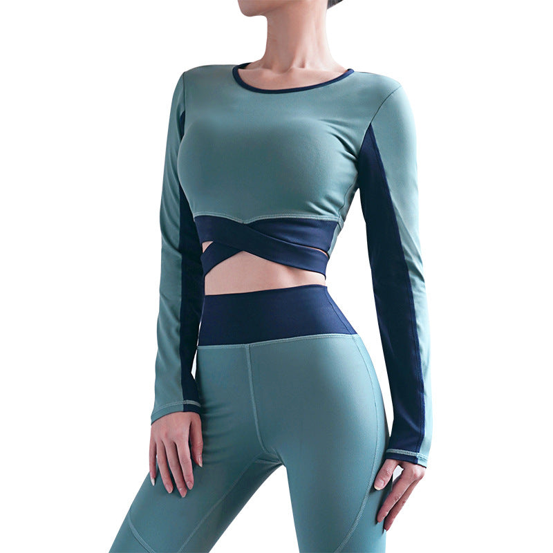 Yoga Dress Women'S Autumn And Winter New Cross Shoulder Belt Yoga Long Sleeve T-Shirt Sports Fitness Navel Top
