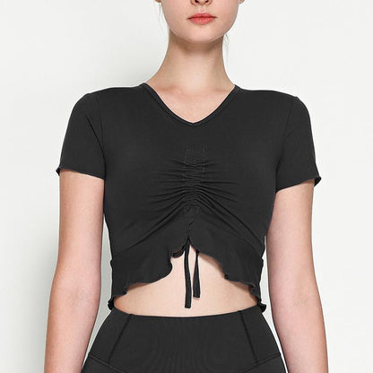 Rope V-Neck Sports Short Sleeve Lotus Leaf Pendulum Short Yoga Jacket With Chest Pad Nude Yoga