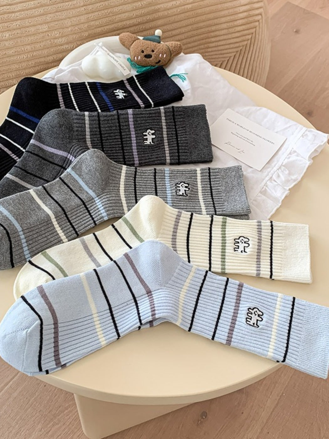 Rufia - Stripe Mid-Calf Capsule Sock with Puppy Patterns