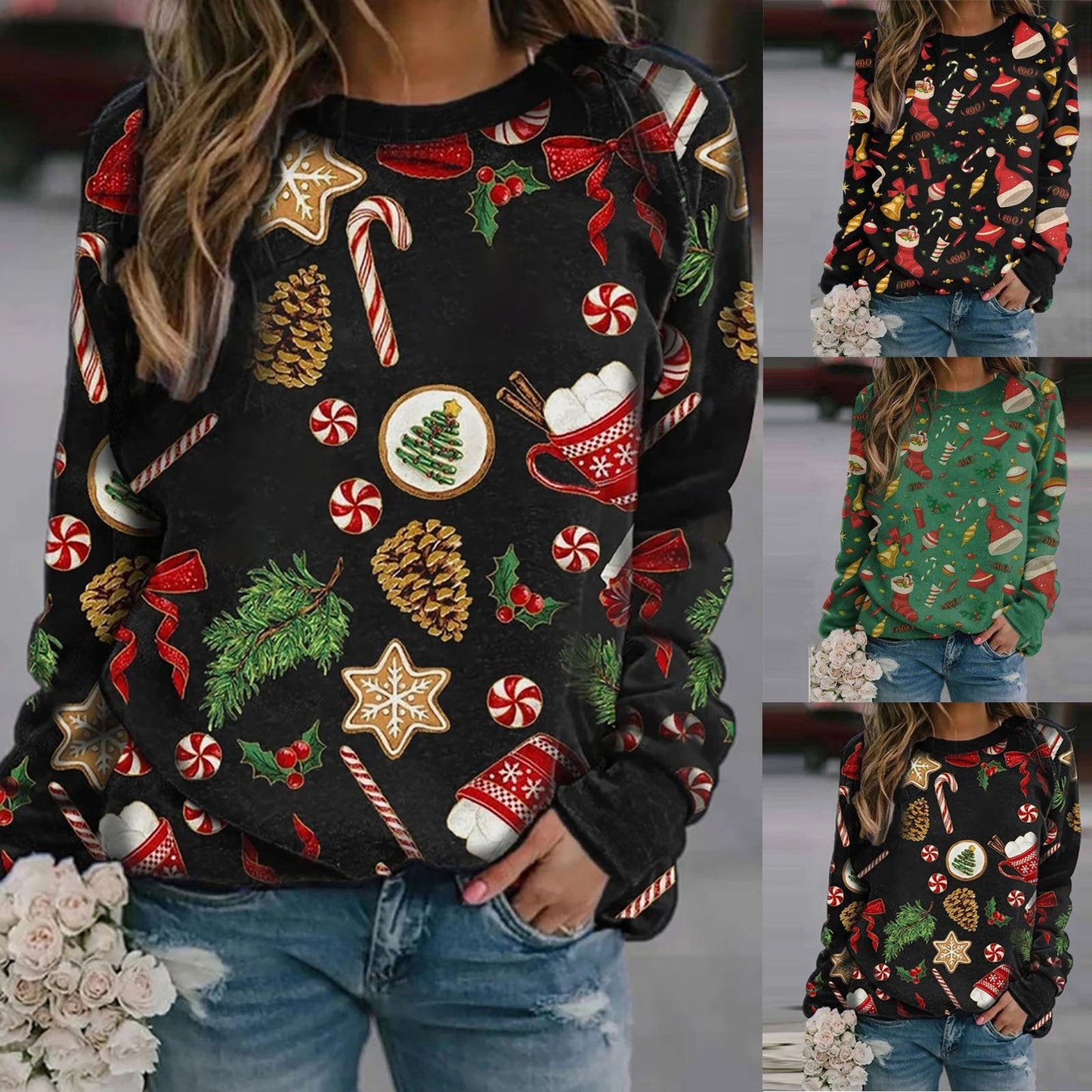 Christmas Women'S Printed Round Neck Long Sleeve Fleece Sweater