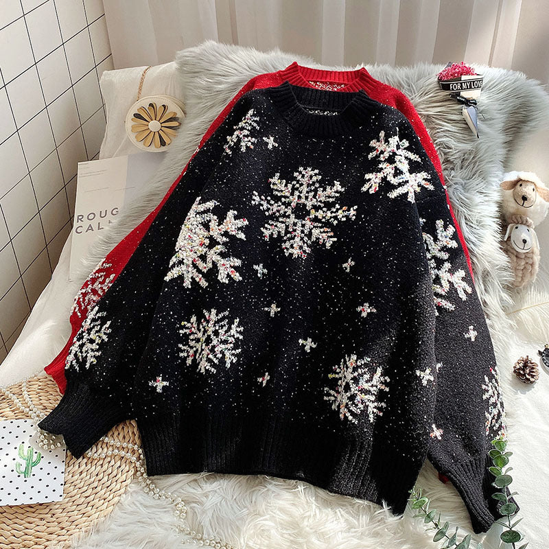 Trendy Snowflake Slouchy Pullover Knit Sweater
