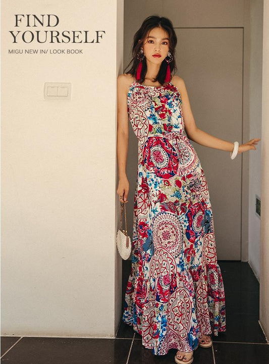 Ethnic Style Summer Bohemian Holiday Thailand Beach Spaghetti-Strap Long Dress