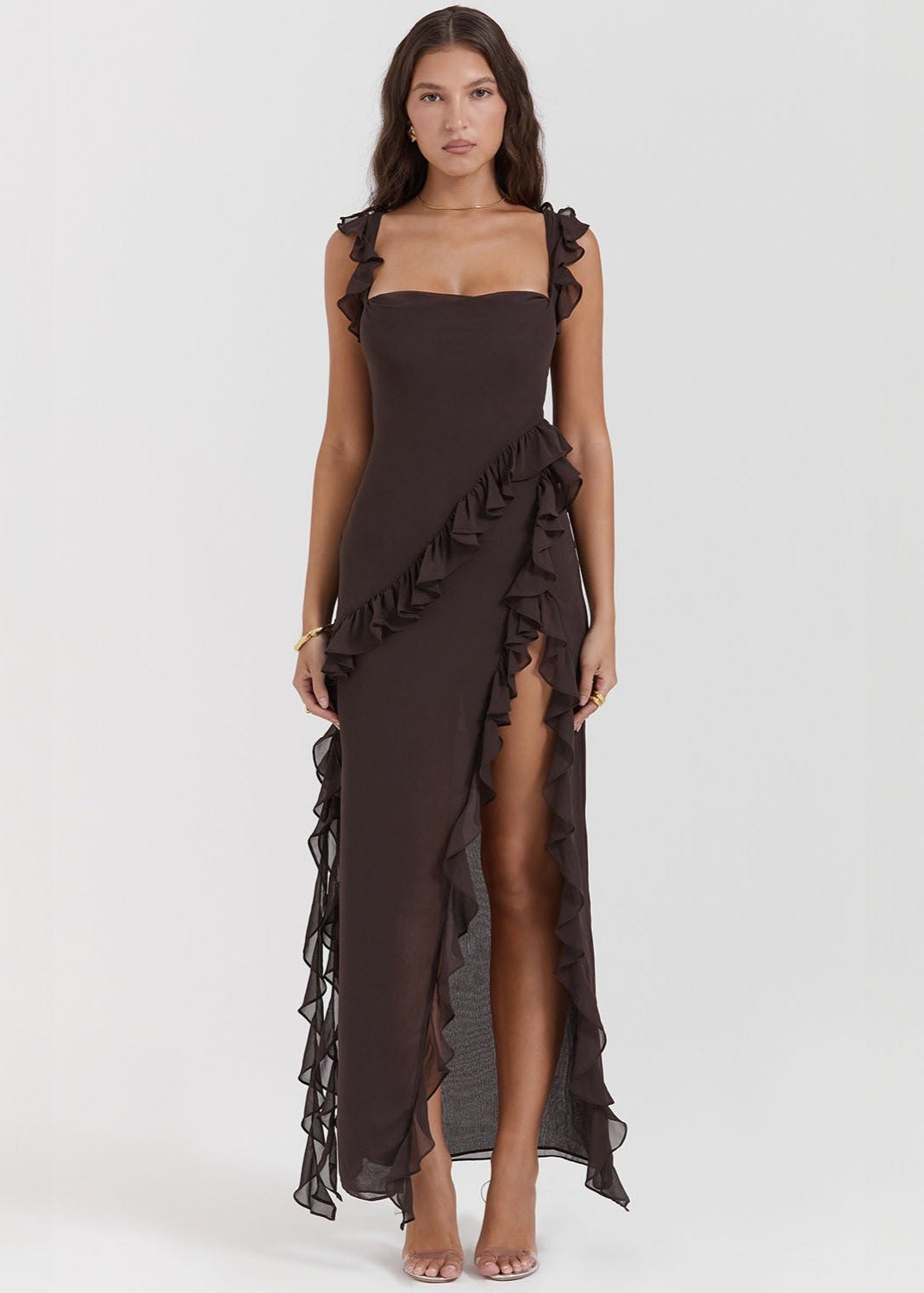 Ruffled High Slit Gown Dark Brown Satin