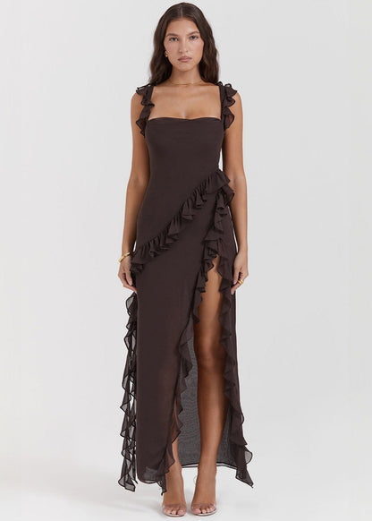 Ruffled High Slit Gown Dark Brown Satin
