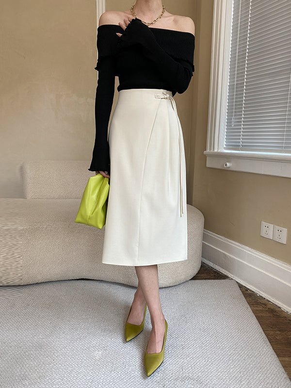 Long Sleeves Skinny Falbala Solid Color Off-The-Shoulder Sweater Tops