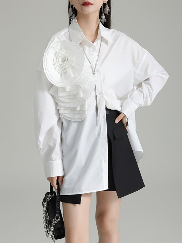 Solid Color Three-Dimensional Flower Long Sleeves Buttoned Blouses