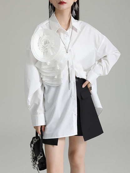 Solid Color Three-Dimensional Flower Long Sleeves Buttoned Blouses