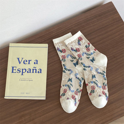 Rufia - Embossed Vintage Floral Pattern Mid-Calf Socks