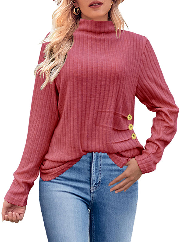 Long Sleeves Loose Buttoned Pleated Solid Color High Neck Pullovers Sweater Tops