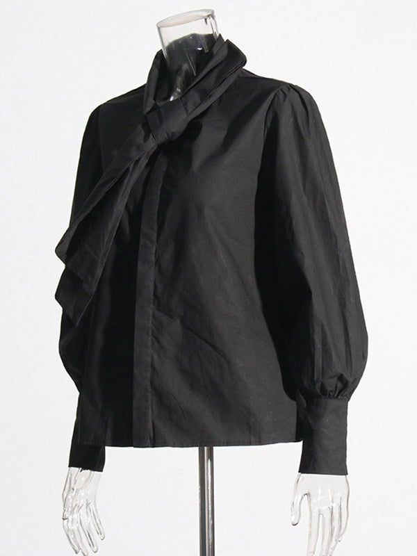 Solid Color Loose Buttoned Bowknot Puff Sleeves Blouses