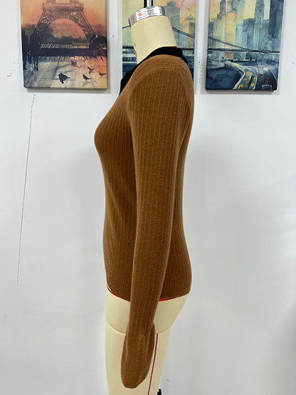 Casual Flared Sleeves Long Sleeves Contrast Color Lapel Collar Sweater Tops