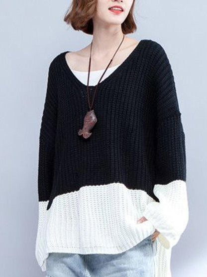 Casual V-Neck Stitching Color Sweaters For Women