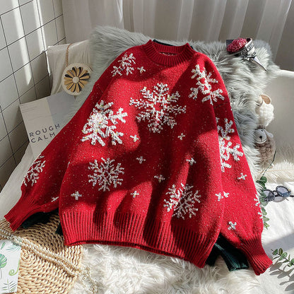 Trendy Snowflake Slouchy Pullover Knit Sweater