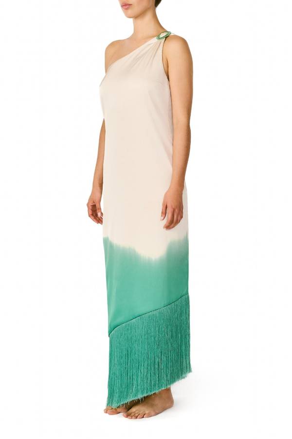 Vibrant Ombré Print Ruched One Shoulder Tassle Trim Vacation Maxi Dress