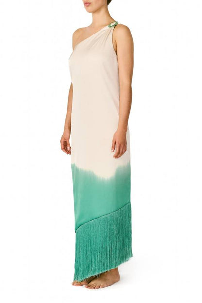 Vibrant Ombré Print Ruched One Shoulder Tassle Trim Vacation Maxi Dress