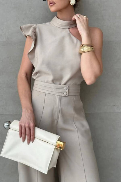Fashionable One-shoulder Ruffled Top and Casual Simple Straight-leg Suit Pants Set