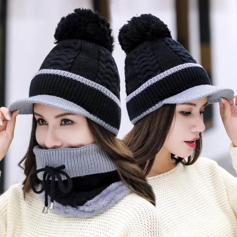 Winter Beanie Hat Scarf And Wind Proof Set 3 Pieces Thick Warm Knit Cap For Women