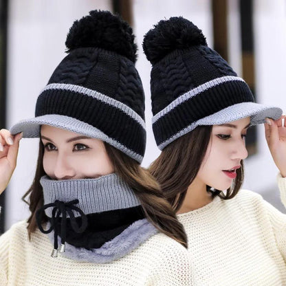 Winter Beanie Hat Scarf And Wind Proof Set 3 Pieces Thick Warm Knit Cap For Women