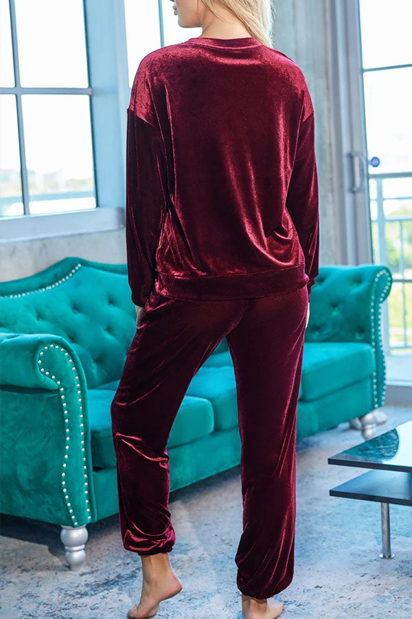 Red Solid Velvet Round Neck Top \u0026 Drawstring Pants Longe Set