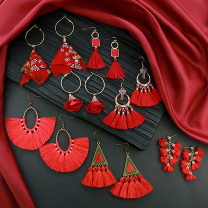 Red Geometric Tassel Earrings Bohemian Style