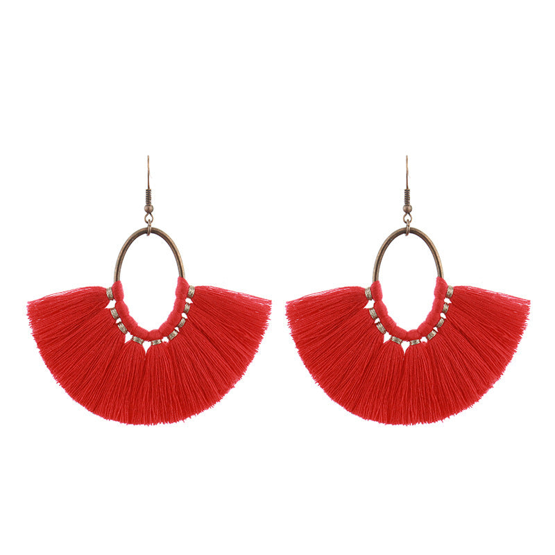 Red Geometric Tassel Earrings Bohemian Style
