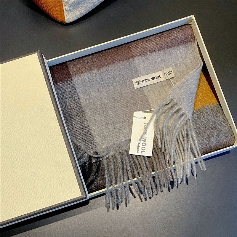 Color Block Plaid Fringe Wool Scarf