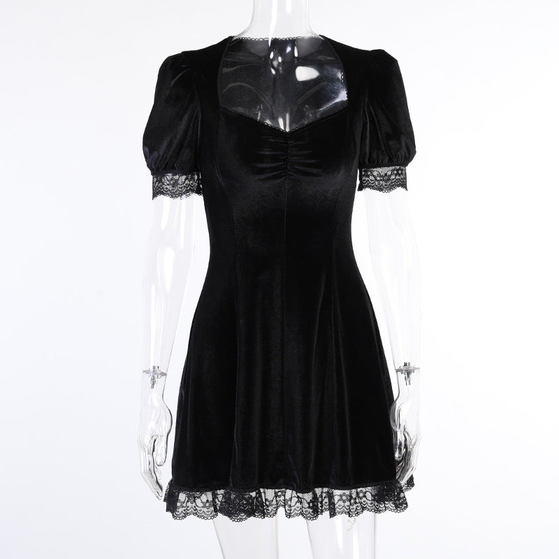 Elegant Lace Trim Puff Sleeve Dress Soft Fabric Casual Style