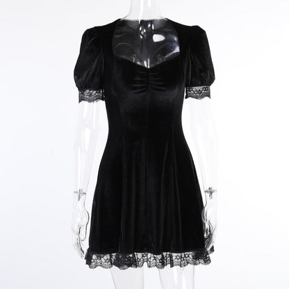 Elegant Lace Trim Puff Sleeve Dress Soft Fabric Casual Style