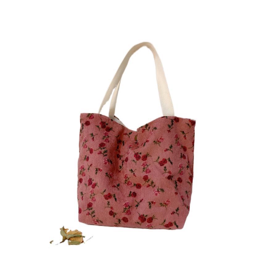 Floral Canvas Tote Bag Soft Corduroy Handbag Stylish Mom Tote
