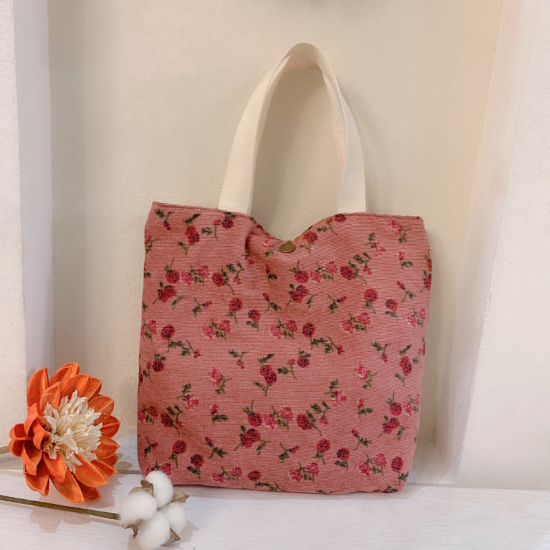 Floral Canvas Tote Bag Soft Corduroy Handbag Stylish Mom Tote