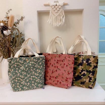 Floral Canvas Tote Bag Soft Corduroy Handbag Stylish Mom Tote
