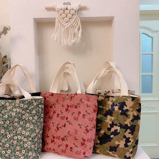 Floral Canvas Tote Bag Soft Corduroy Handbag Stylish Mom Tote