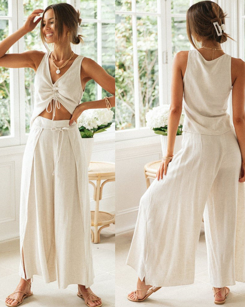 New Women'S Fashion Solid Color Drawstring Short Sleeved Top Wide Leg Split Pants Two Piece Set