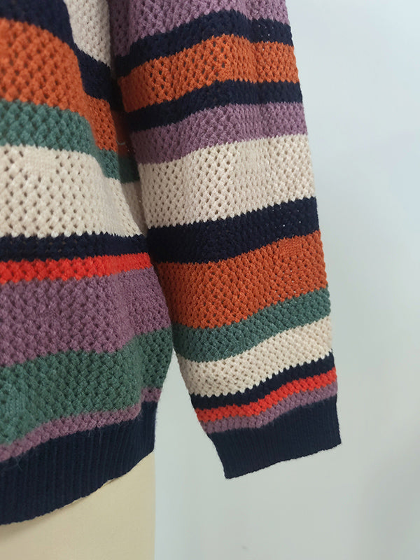 Original Long Sleeves Loose Contrast Color Striped Round-Neck Sweater Tops