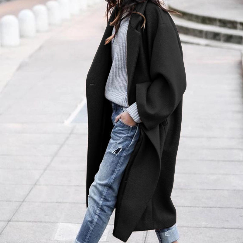 Casual Long Coat Elegant Solid Color Warm Wool Blend Outerwear