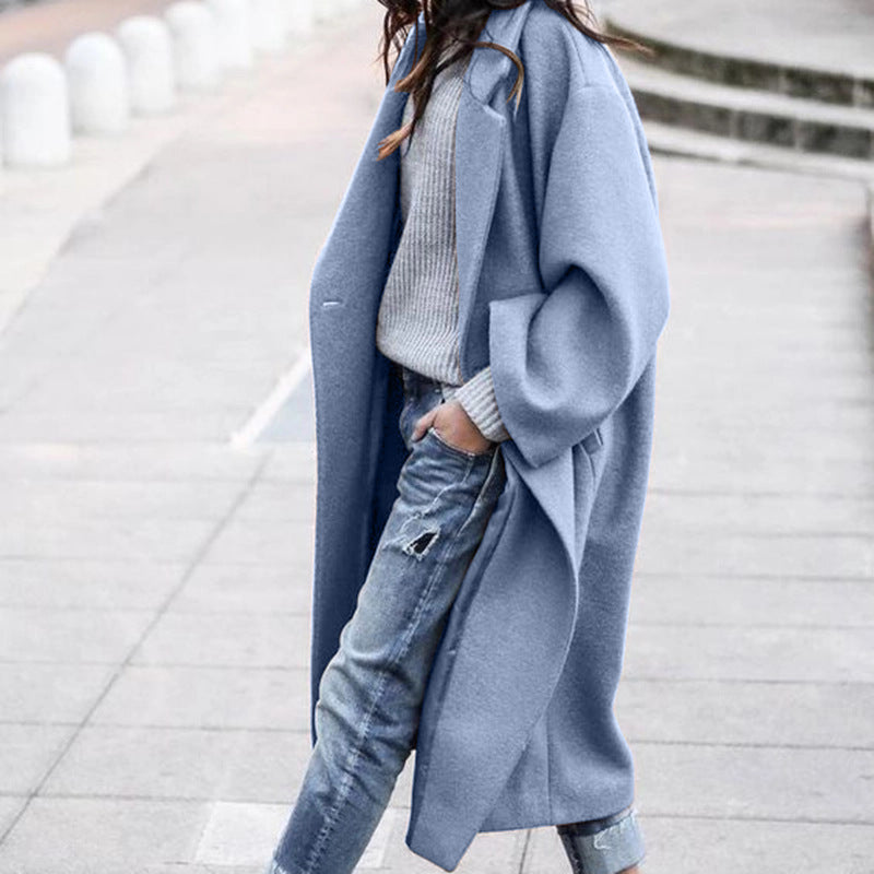Long Elegant Solid Color Wool Blend Coat