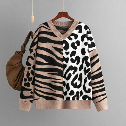 Zebra And Leopard Print Patchwork Sweater
