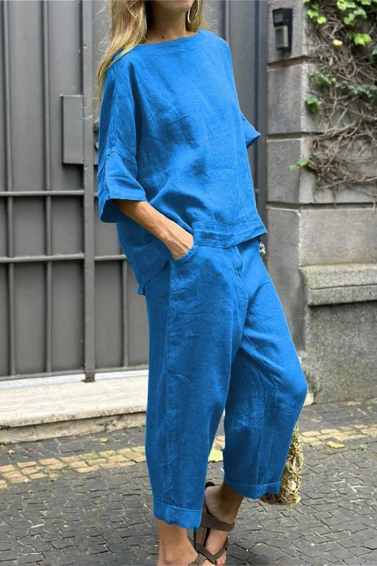 Casual Solid Color Crewneck Top \u0026 Pants Cotton Linen Two-piece Set