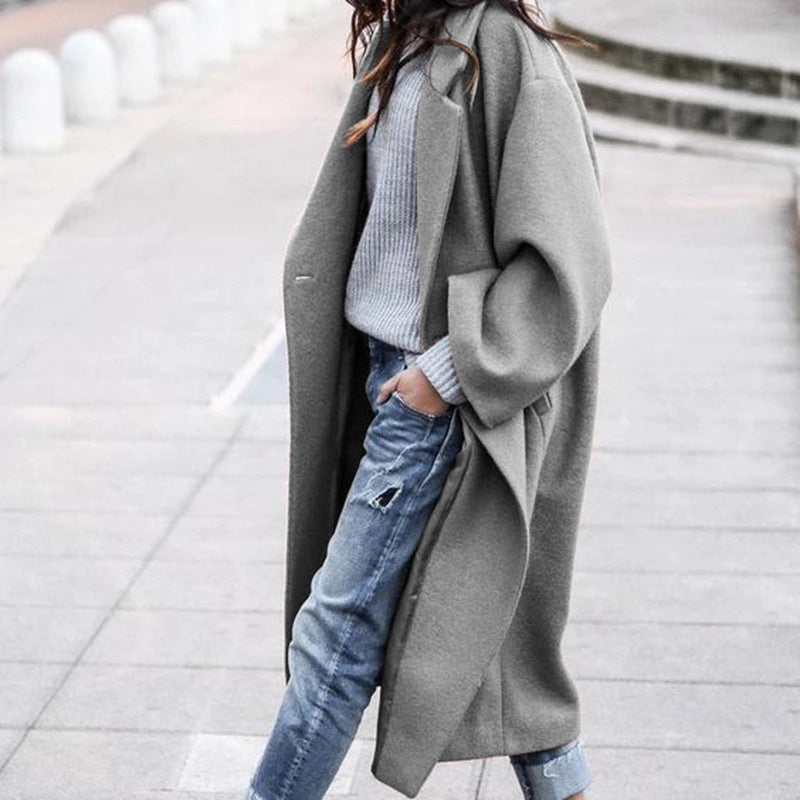 Casual Long Coat Elegant Solid Color Warm Wool Blend Outerwear
