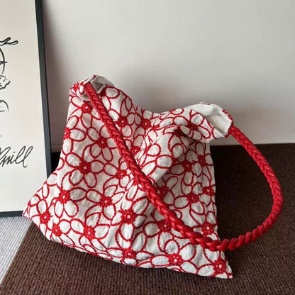 Cosbai - Embroidered Flower Shoulder Tote Bag - Basic &amp; Simple
