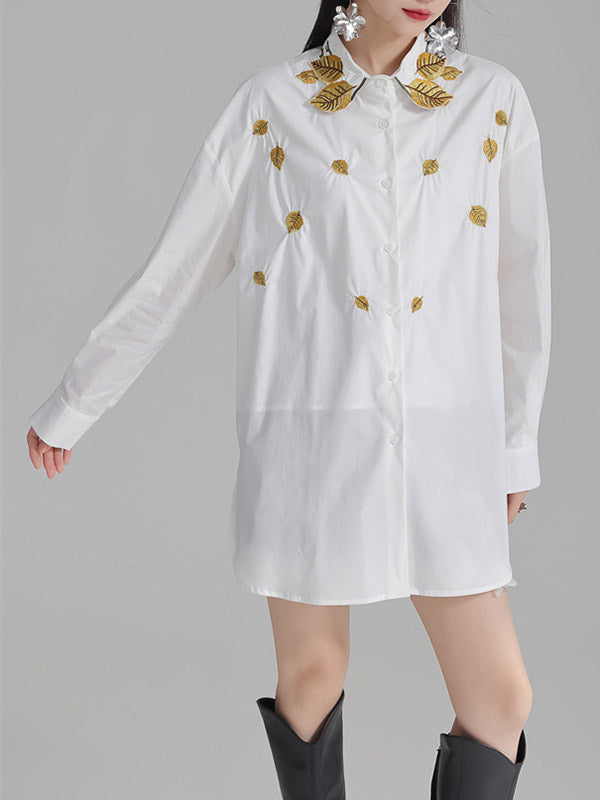 Long Sleeves Loose Buttoned Embroidered Split-Side Lapel Blouses&Shirts Tops