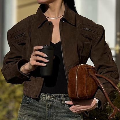 Vintage Lapel Collar Long Sleeve Zipper Jacket
