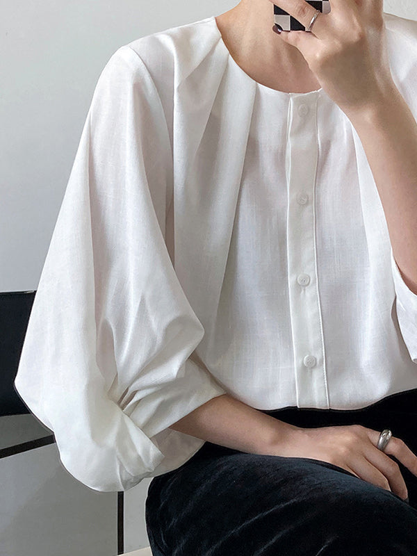 High-Low Loose Pleated See-Through Solid Color Split-Joint Round-Neck Blouses