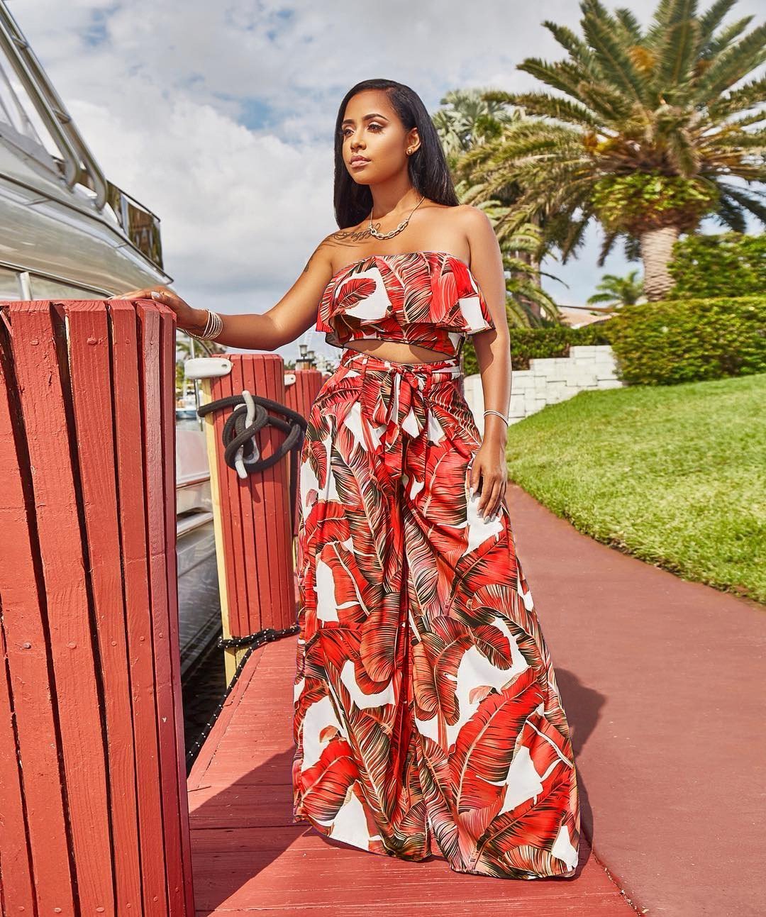 Sexy Printing Strapless Flounce Top Wide-Leg Trousers Suit