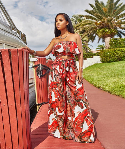Sexy Printing Strapless Flounce Top Wide-Leg Trousers Suit